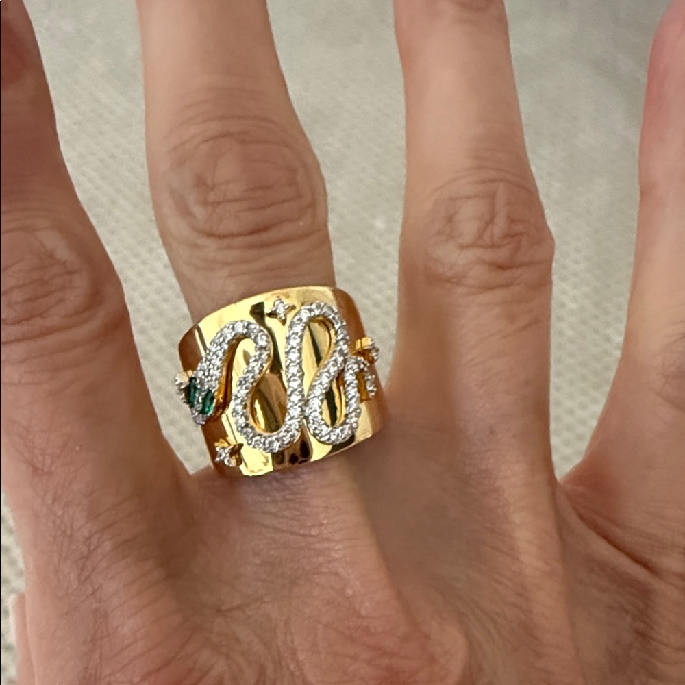 Gold Snake Ring with CZ Accents